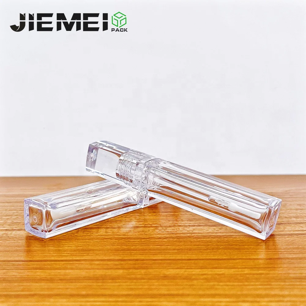 JIEMEI Stock Unique Square 6.5ML PETG Empty Plastic Lip Gloss Tube Transparent Clear Lipgloss Bottle With Silicone Flat Brush