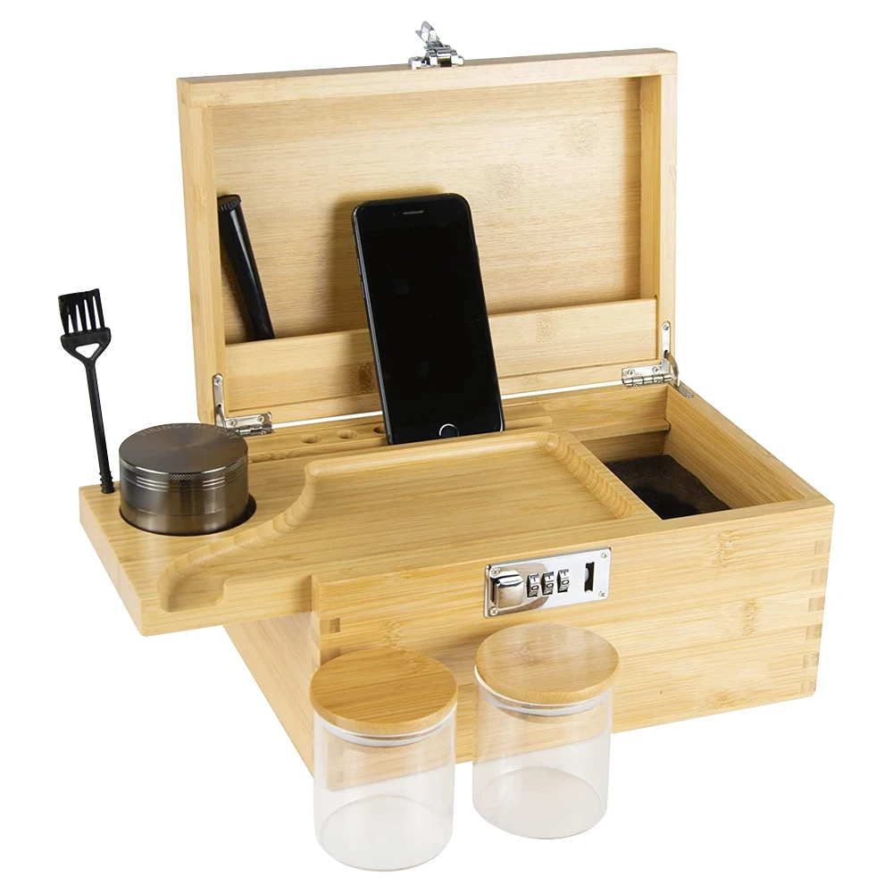 pine wood tobacco herb card magnet rolling tray combo kit extra large stash box dividers grinder smell combination lock