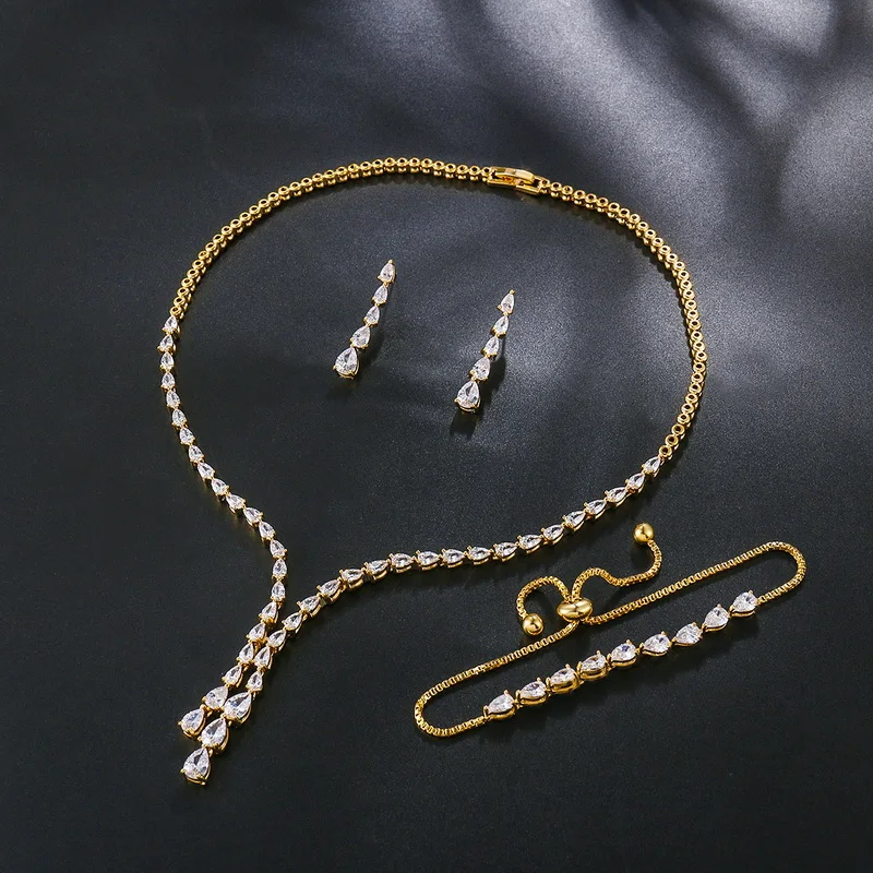 New Arrival High Quality Set of 3 Pieces CZ Wedding Necklace Bracelet and Earring Elegant Jewelry Gift for Bride Girlfriend Wife