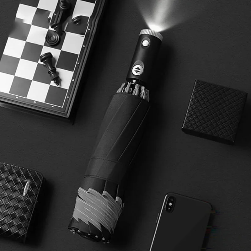 Automatic Led Flashlight Reverse Umbrella Edging Reflective Business Umbrella Custom Logo Advertising