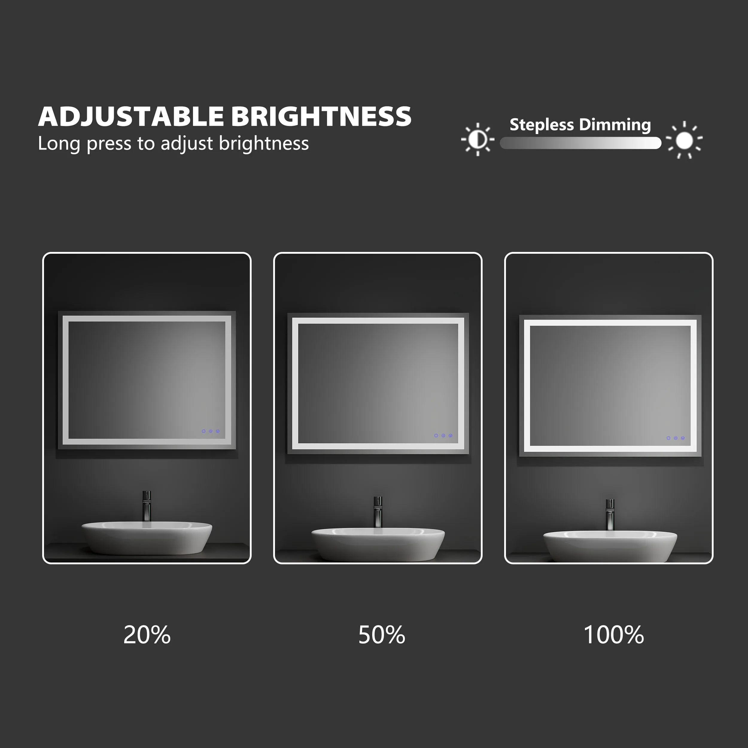 Custom 24 X 36 Vanity Touch Adjustable Wall Mounted Light Up Anti Fog Frameless Led Bathroom Mirror With Light