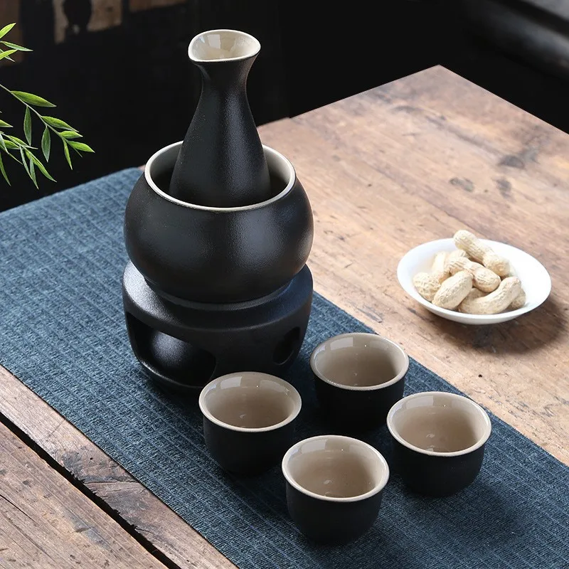 black custom porcelain japanese style warm sake set ceramic sake set cups with warmer pot oem logo