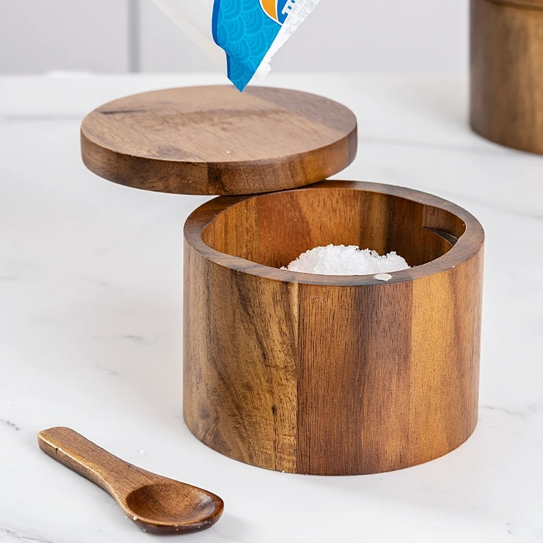 Acacia Wood Round Salt Cellar Kitchen Spice Box Holder with Swivel Cover Wooden Sea Salt Pepper Storage Container with Spoon