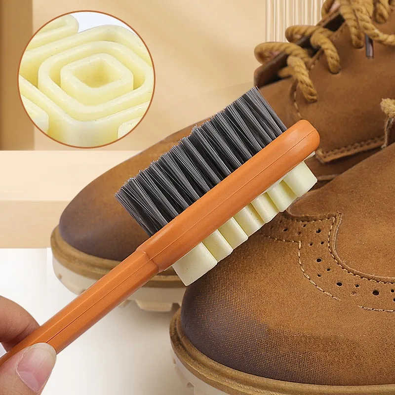 Double-sided suede brush sneakers decontamination cleaning long handle rubber  dual-purpose leather shoes suede care shoe brush