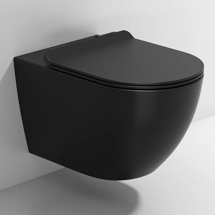 P Trap Water Closet Wall Hung Ceramic Two Piece Black Toilet Bowl Bathroom Rimless Wall-Hung WC Toilet Set