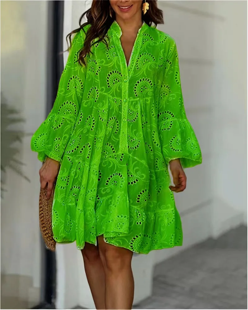 Custom Logo Fashion Summer Spring Ladies Casual V-Neck Loose Embroidered Hollow Out Lace Sexy Shirt Dress Women Skirt