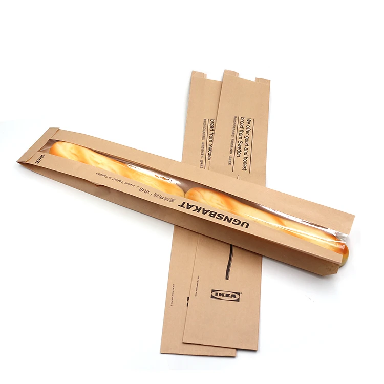 custom eco-friendly recycled retail bakery packaging french baguette kraft paper bread bag with window