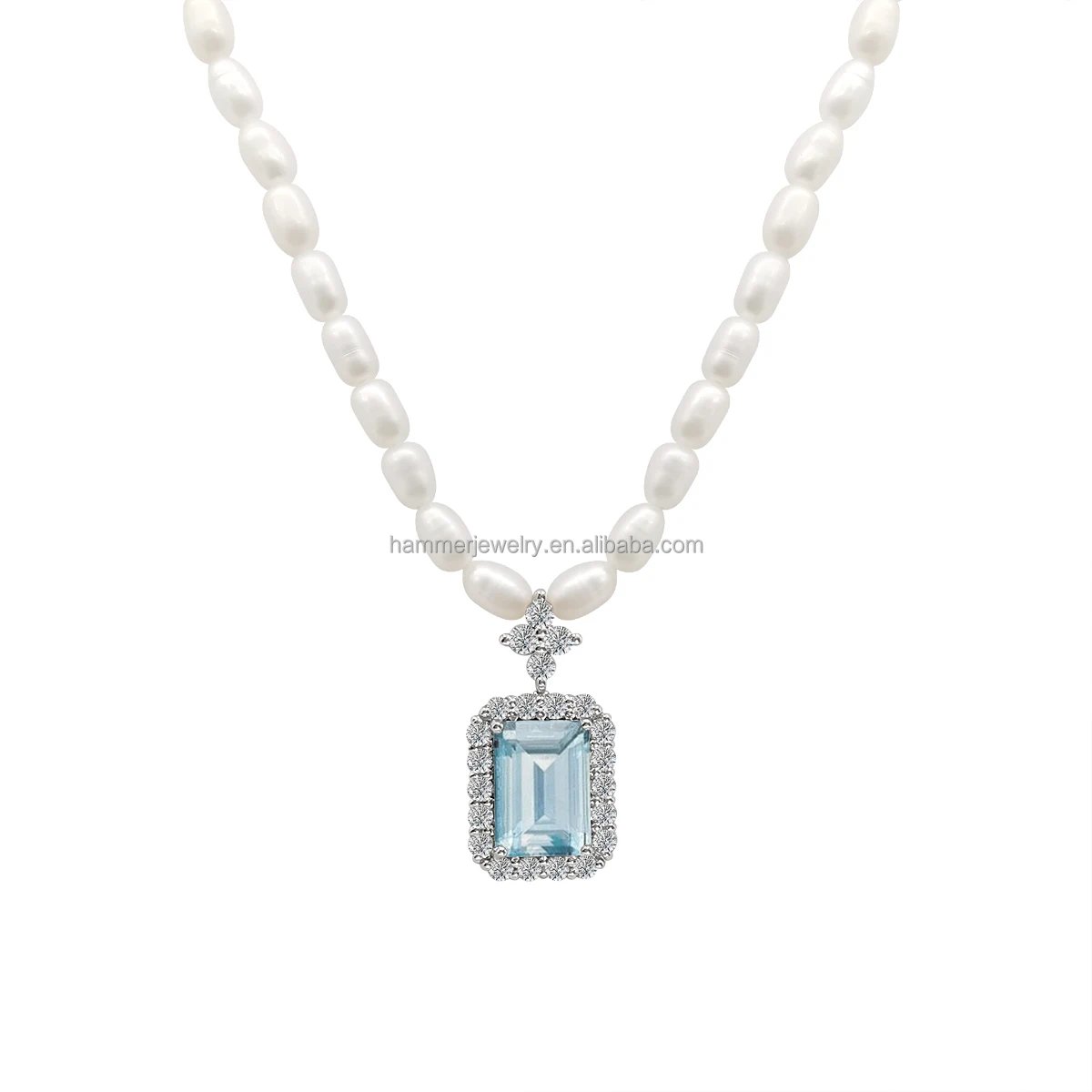 Luxury 18k Real Gold Emerald Shape  Aquamarine Pendant With Rice Pearls Necklace Charm Fine Jewelry Choker