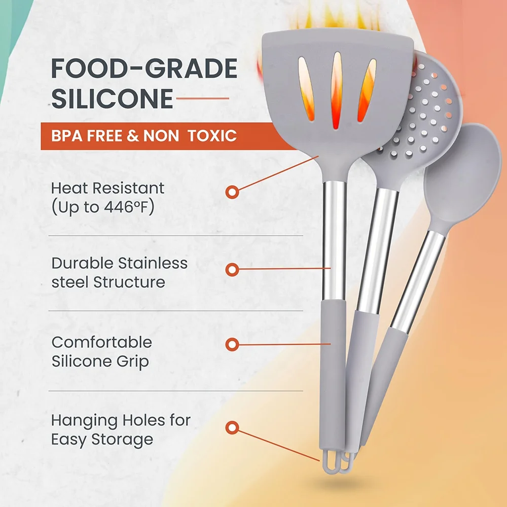 TOALLWIN kitchen tools gadgets household silicone kitchen utensils kitchen set wholesale silicone cooking utensils with holder