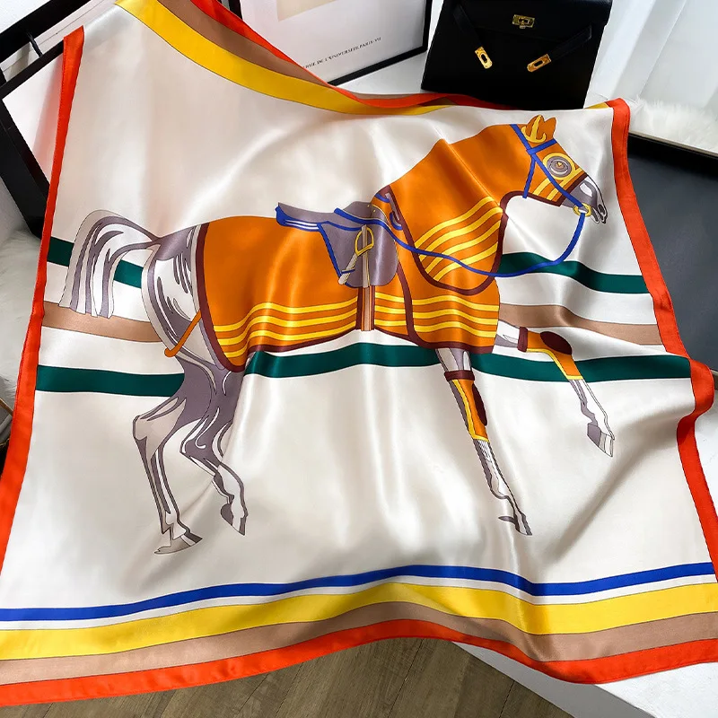 Luxury Satin Silk Square Scarf For Women Hijab With Horse Pattern 90*90cm Bandana Female