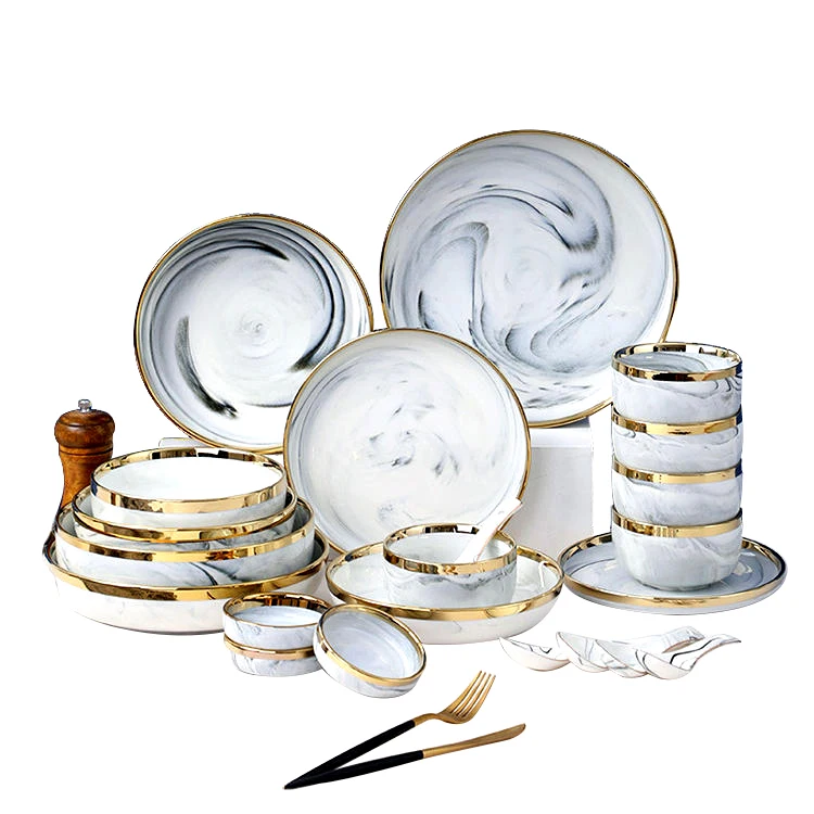 Wholesale hotel nordic christmas marble grey porcelain ceramic dinnerware set wedding luxury tableware