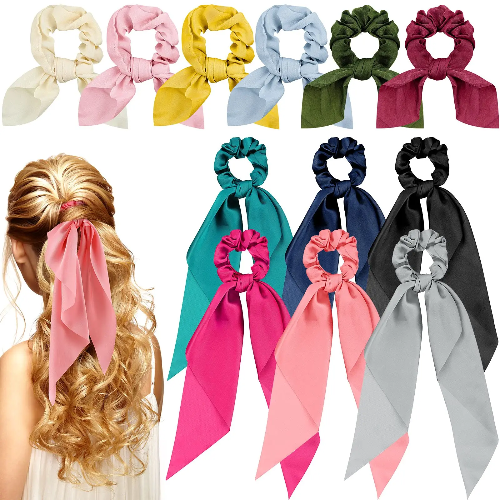 Hair Scarf Bow Scrunchies for Girls Women Bunny Ear Satin Bowknot Elastic Hair Bands Bow Hair Ties Ponytail