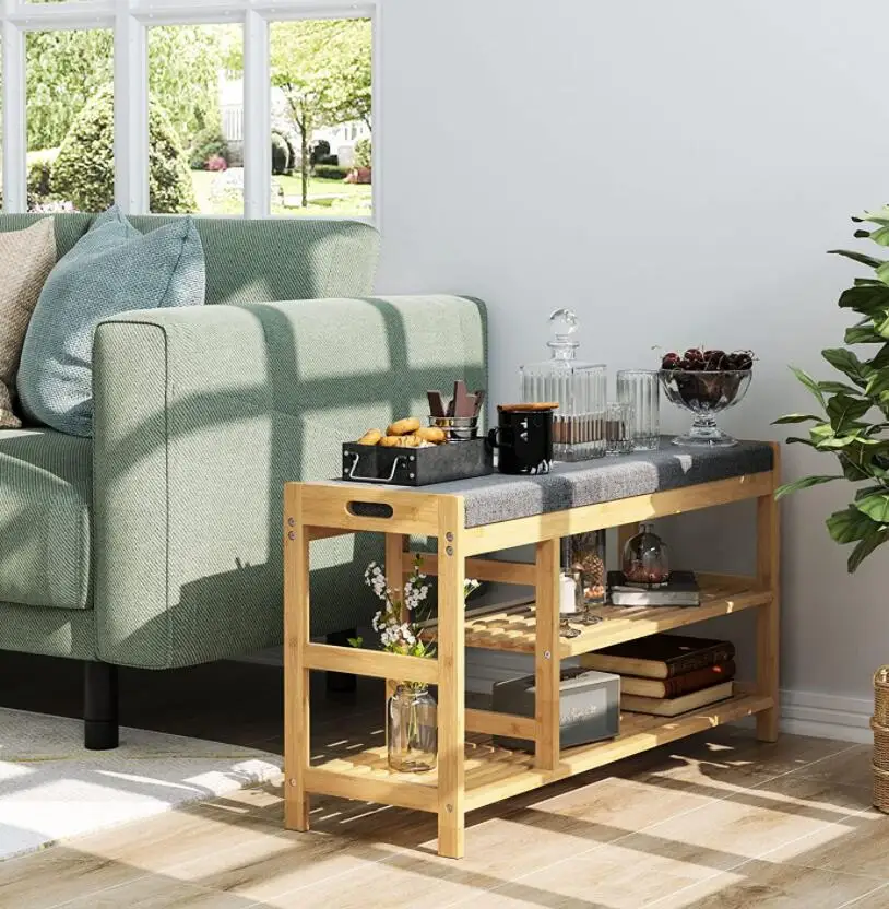 Home Furniture Bamboo Entryway Shoe Storage Organizer Stand Bamboo Shoe Rack Bench With Removable Cushion
