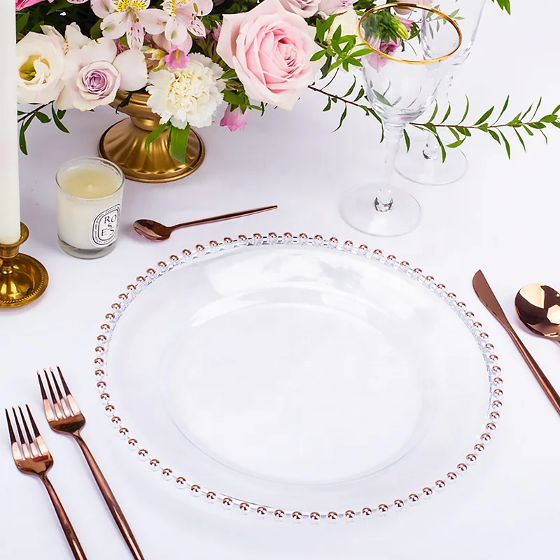 
Round Acrylic charger gold silver decoration plate Beading brass wholesale charger transparent plates Hot Selling for wedding 