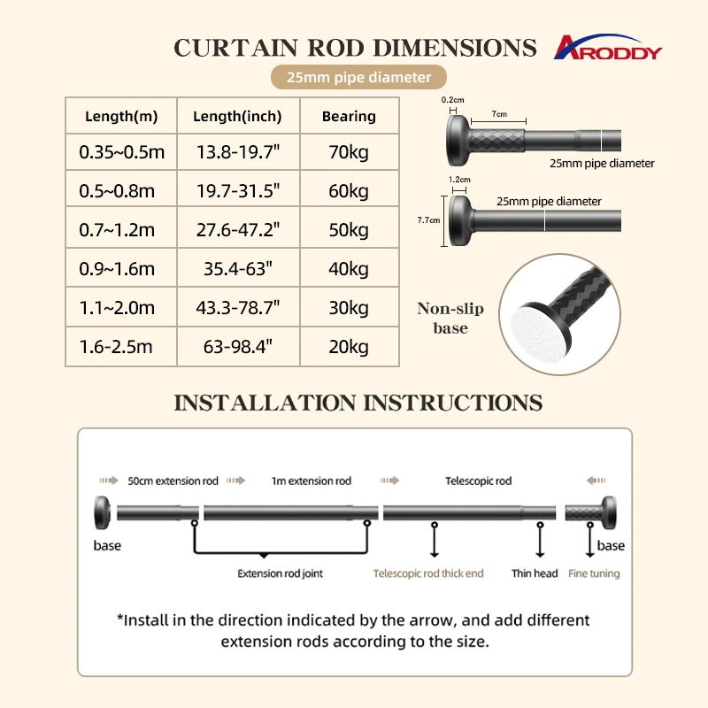 ARODDY Delivery Within 24 Hours 20-32 inch 25mm Luxury Shower Curtain Rod Without Drilling Metal Curtain Rod Design