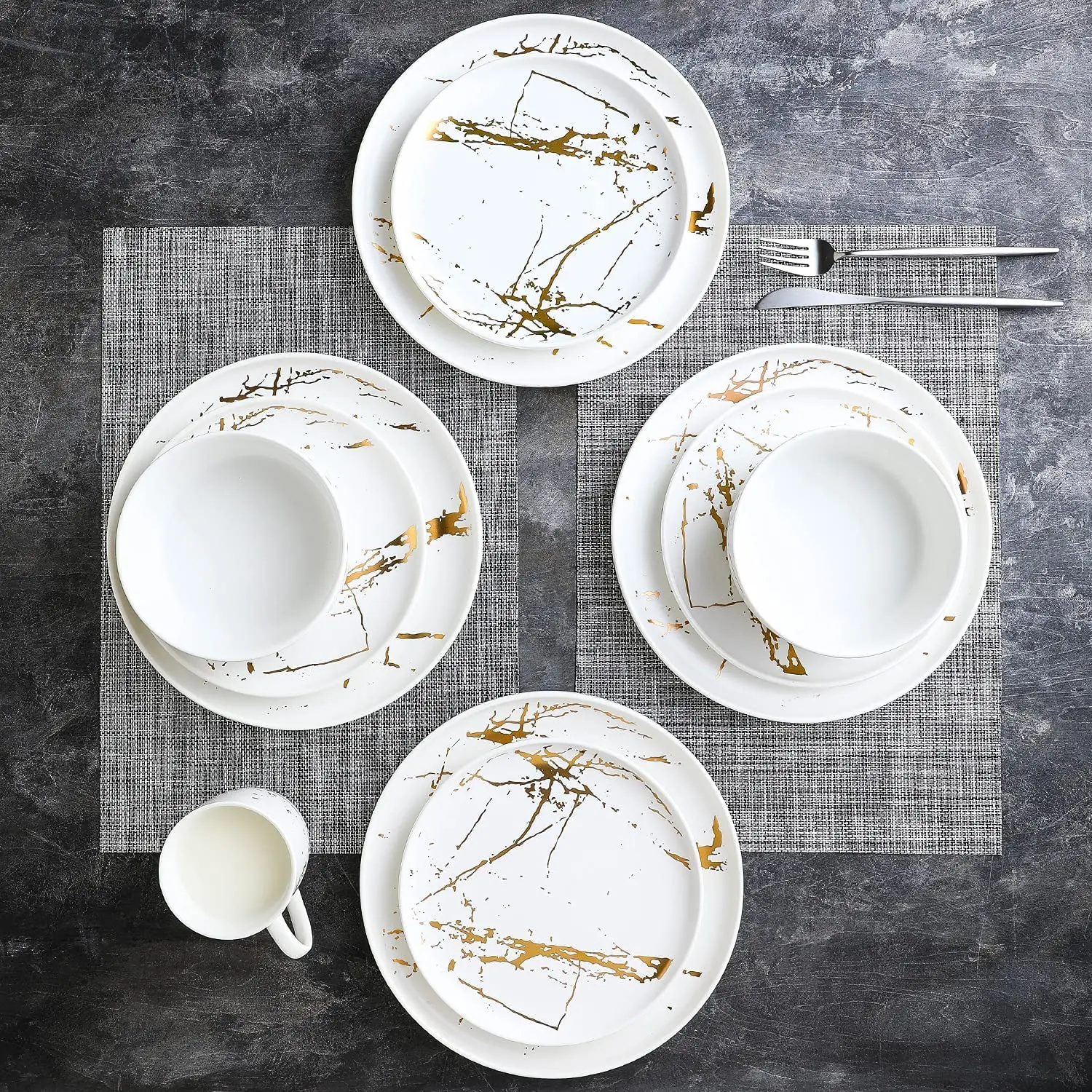 Luxury Modern Gold Marble Designer 16 Piece Germany Western Porcelain Ceramic Fine China Dinnerware Set For 4 Person