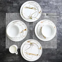 Luxury Modern Gold Marble Designer 16 Piece Germany Western Porcelain Ceramic Fine China Dinnerware Set For 4 Person