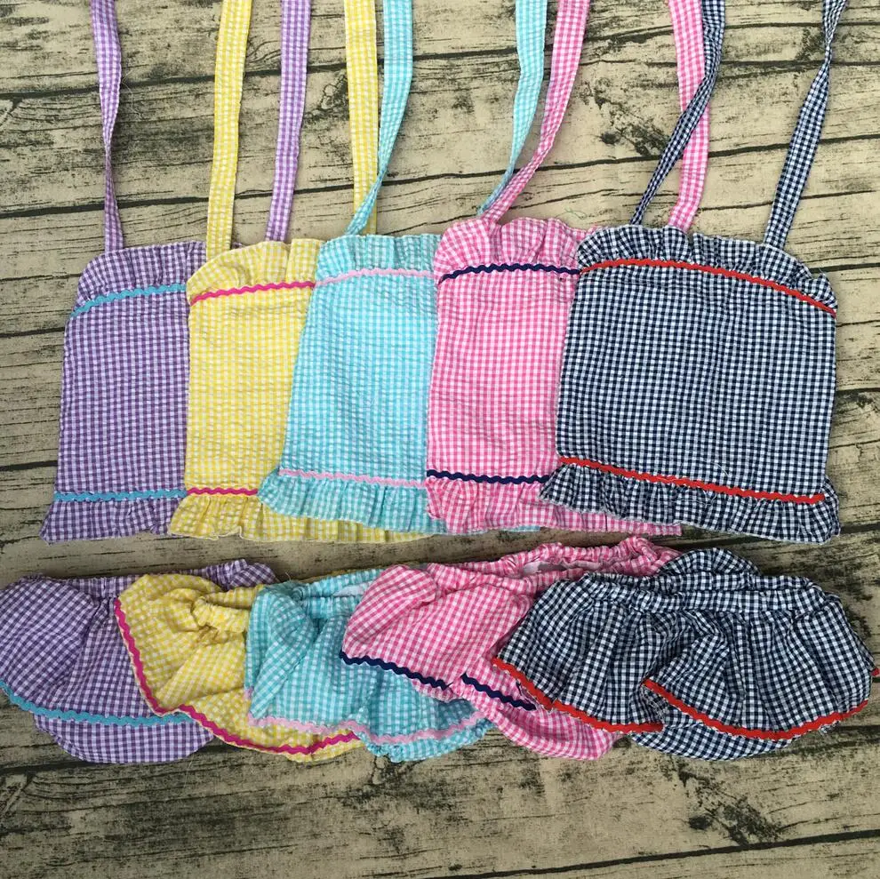 Baby girls boy trendy beach beautiful seersucker button plaid ruffled separate swimsuit
