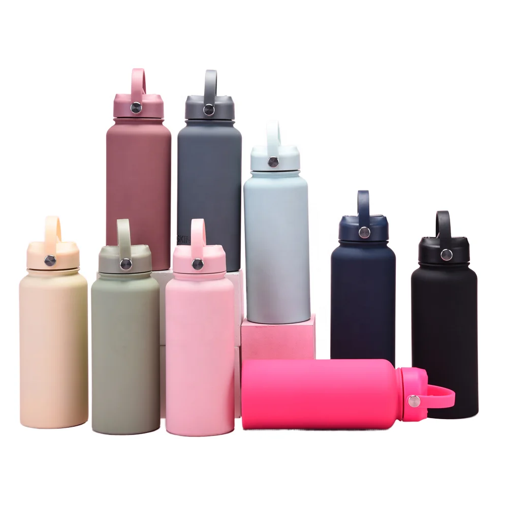 RTS Custom Cute 1000ML Gym Hot Rubber Paint Double Wall Insulated Glass Vacuum Metal Stainless Steel Wide Water Bottle