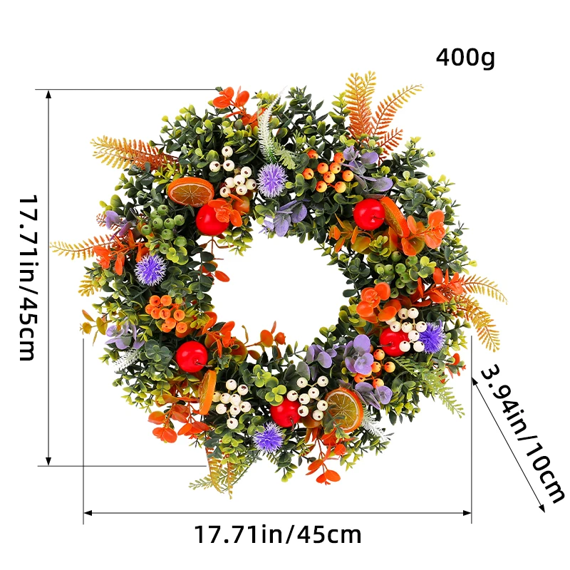 Unique 17.7-inch artificial flower wreath with fruit decorated farmhouse out door decoration, kitchen wall hanging