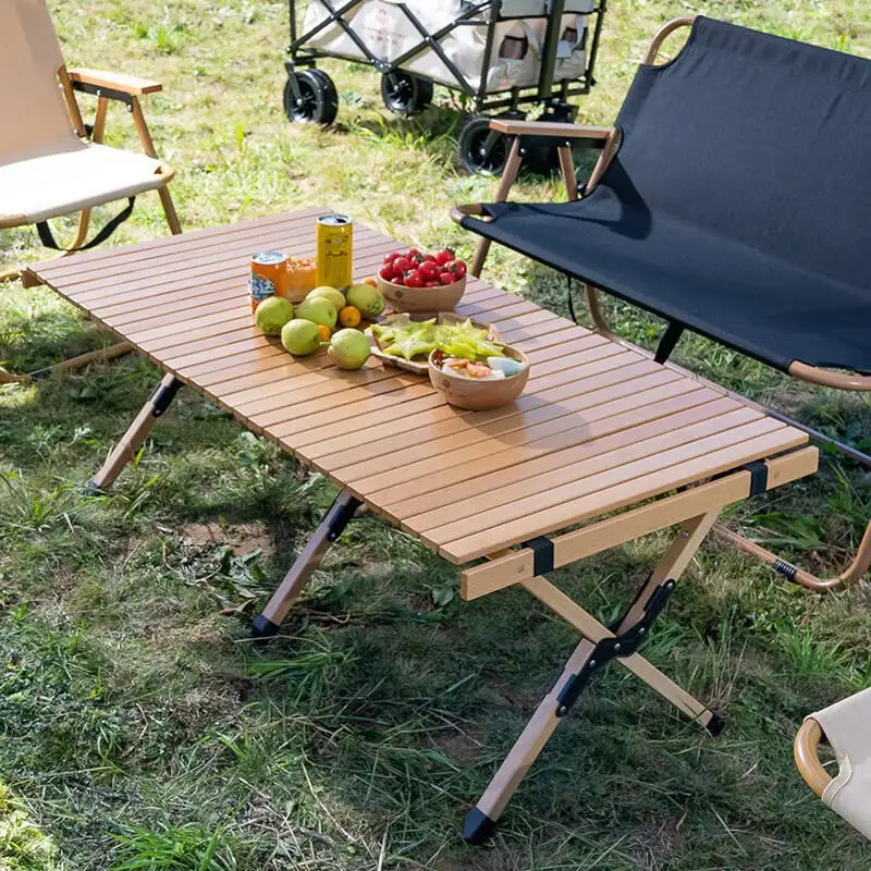 Heavy Duty Outdoor Foldable Portable Wood Egg Roll Table Camping BBQ Picnic Folding Table And Bench For Event