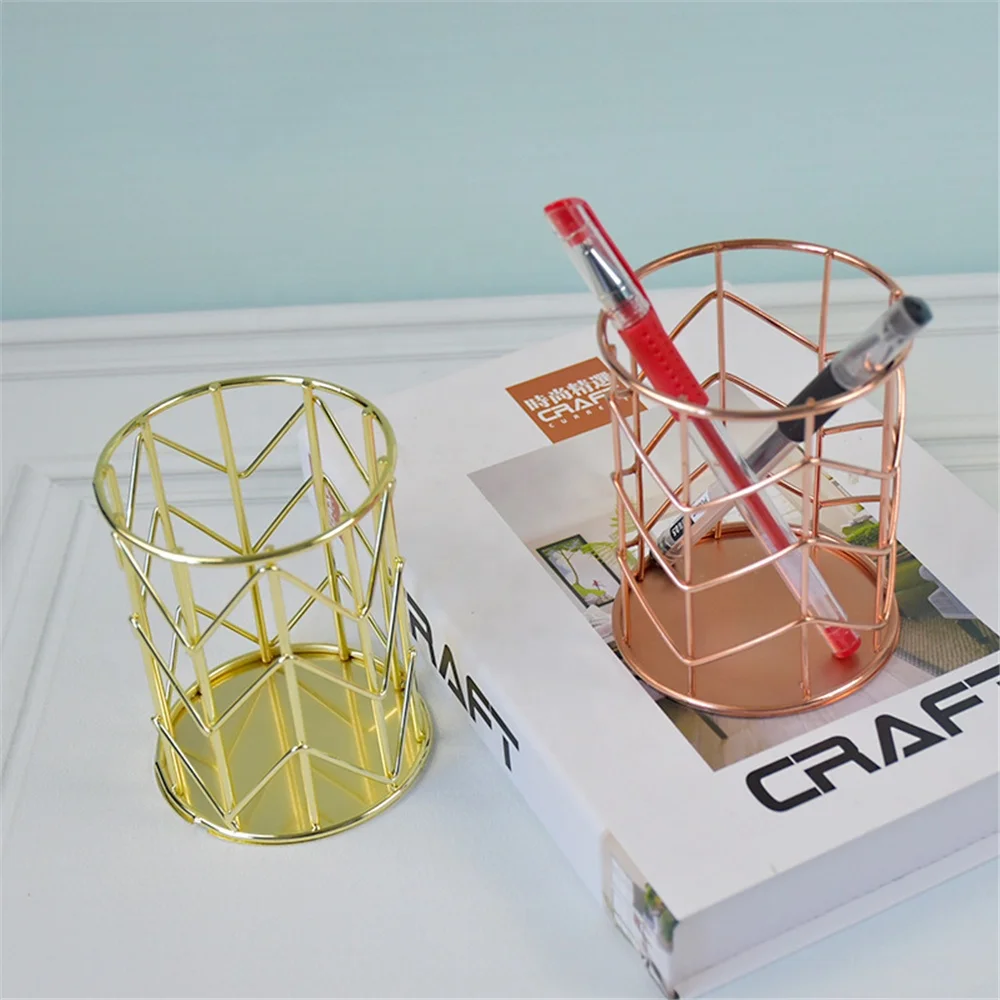 Rose Gold Pen Holder Cup for Home Office Desk Organizers Steel Wire Round Pencil Pot Flower Vase Makeup Brushes Storage Organize