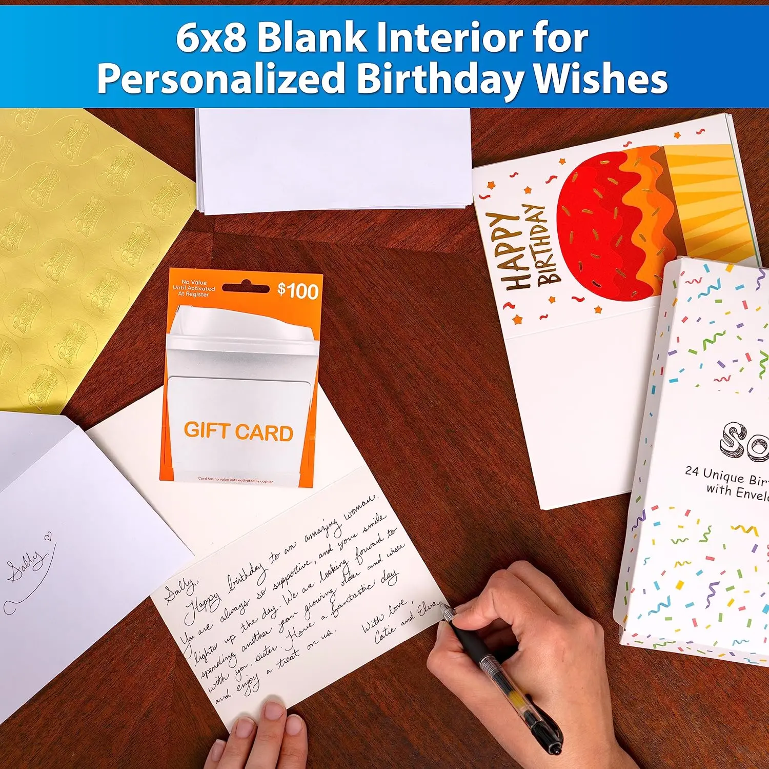 24 Pack Unique Gold Foil Birthday Cards with Envelopes Stickers Blank Happy Birthday Cards for Family Office Celebrations.