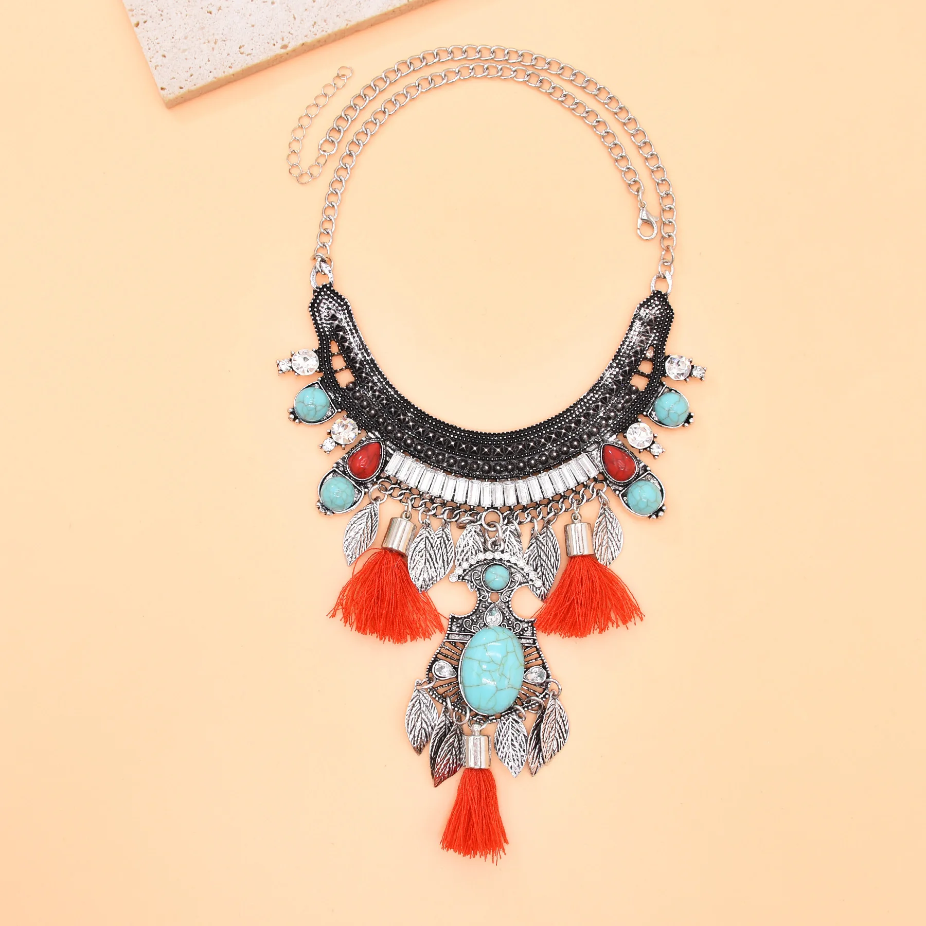 Vintage Ethnic Bohemian Silver Metal Statement Necklace Thread Leaves Tassels Jewelry Choker Necklace