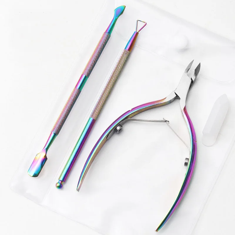 3 Pack Set Premium Quality Stainless Steel Cuticle Nippers Rainbow Color Nail Polish Pusher Cuticle Nipper Set