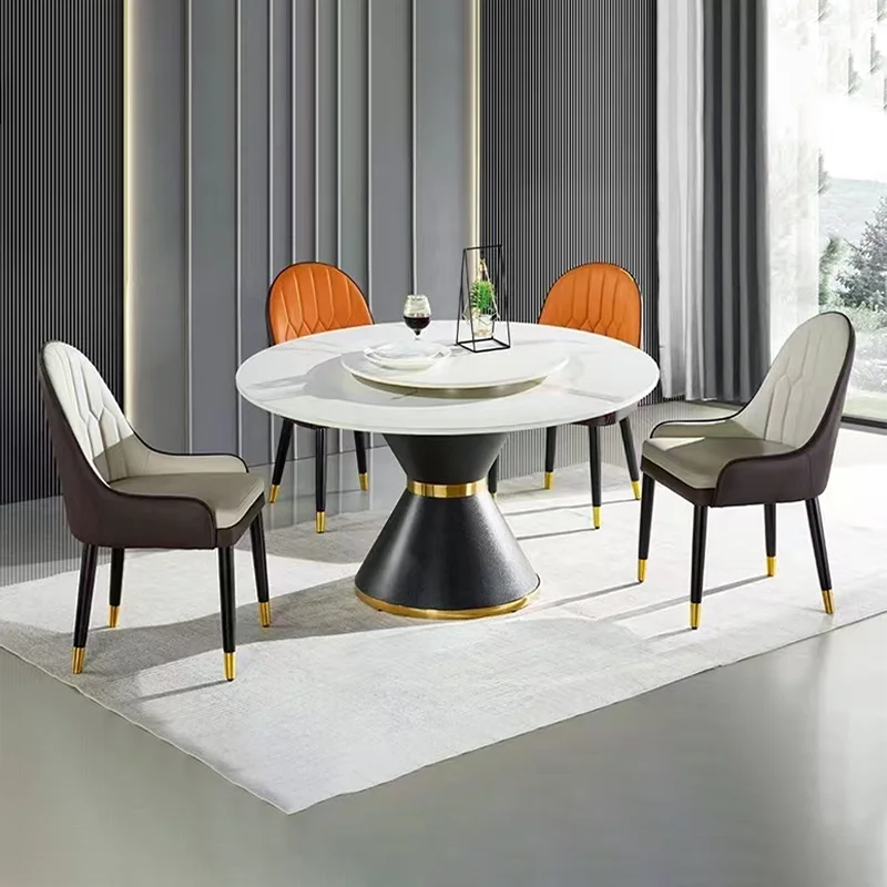 wholesale luxury dinning table set with grey solid marble top and 6 chairs stainless steel chrome dining table