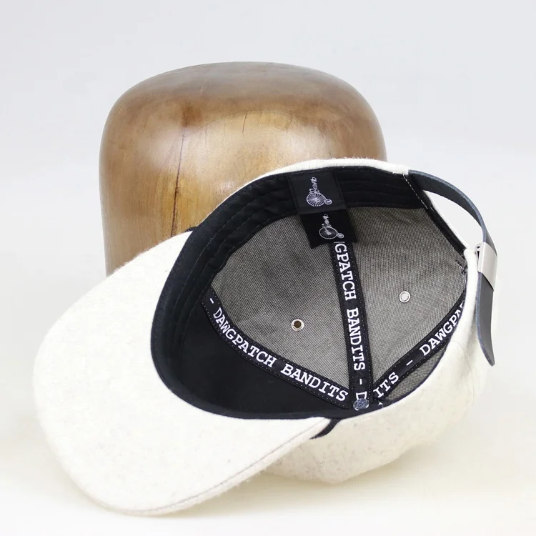 5 panel flat brim black string leather strap custom embroidery wool hat men