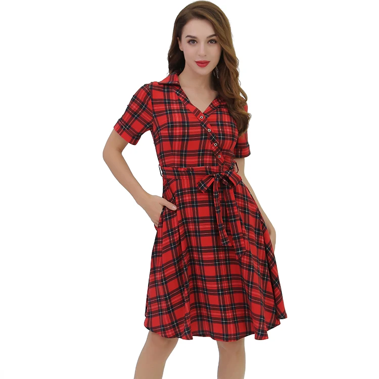 Mature Elegant Plaid Short Mini Red Shirt Women Office Casual Dress