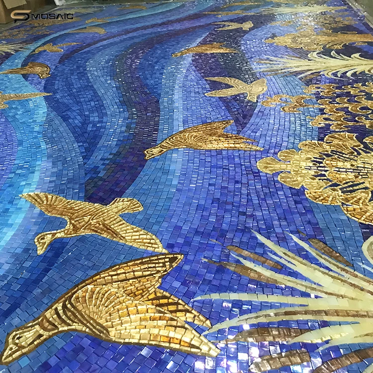 Blue pattern colorful mosaic tile vivid gold birds wheat wall art murale design customized big size floor decoration mosaic tile