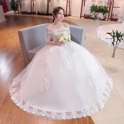 One-shoulder wedding dress large size bride in sleeves princess slim Flat Shoulder Half Sleeve Floor Length Lace Wedding Dress