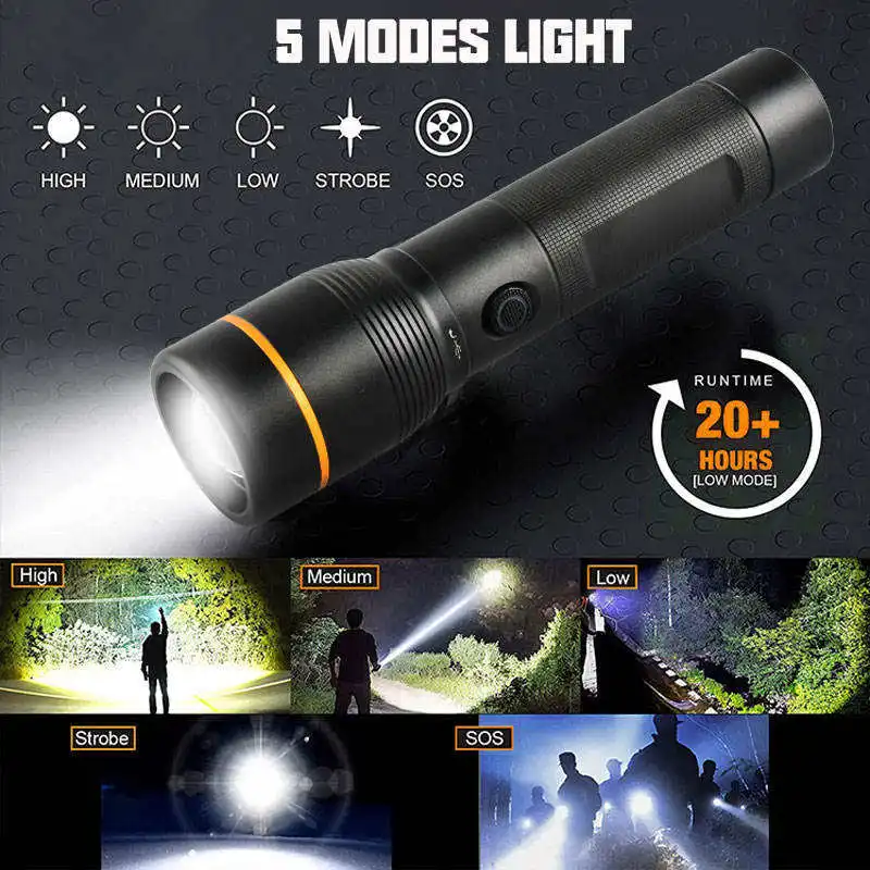 Custom zoom long range high lumens 100000 tactical Taschenlamp USB Rechargeable super bright High Power powerful led Flashlight
