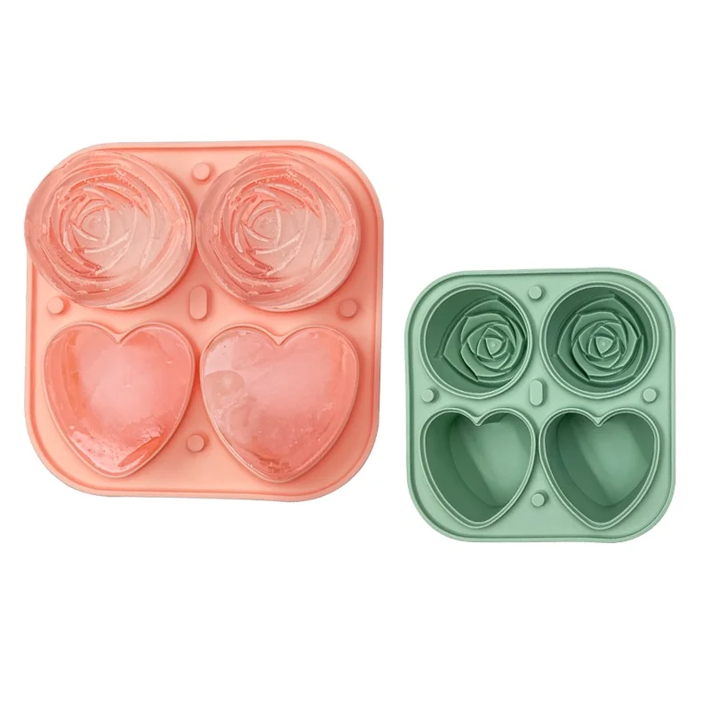 Silicone Ice Cube Tray With Lid 4-chamber Silicone Rose Heart Ice Hockey Machine