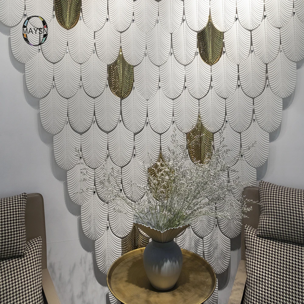 Gold luxury modern white porcelain leaf shape hanging ceramic wall art decor medallion other home decor accessories