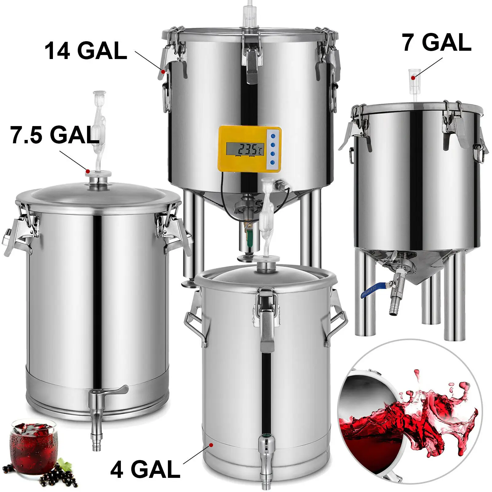 Brew Bucket Fermentor 304 Stainless Steel 4,7,7.5,14 Gallon Conical Fermenter Tank Wine Making Machine