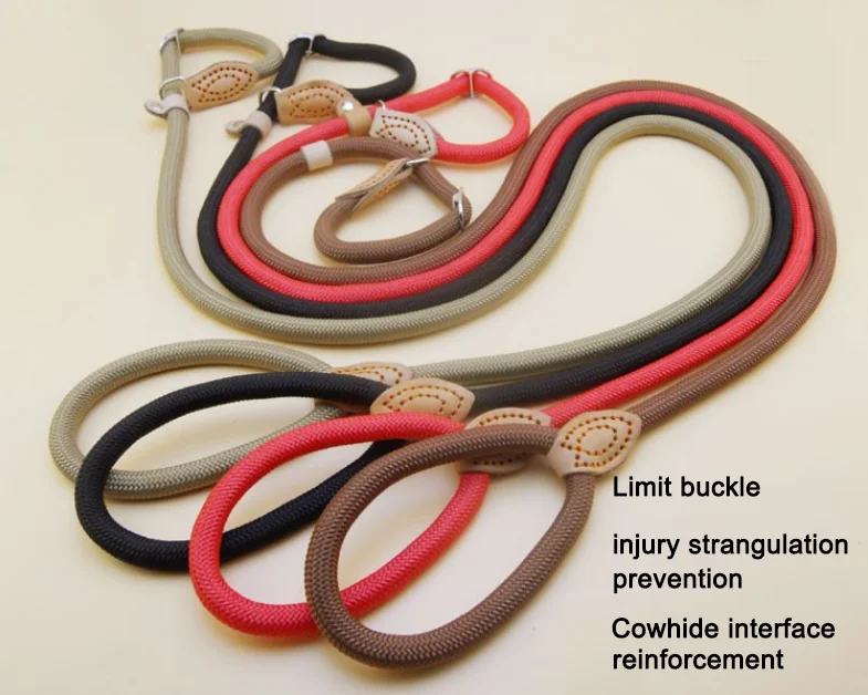 Riot-proof p-chain traction nylon stitched leather pet dog paracord training hands free dog leash