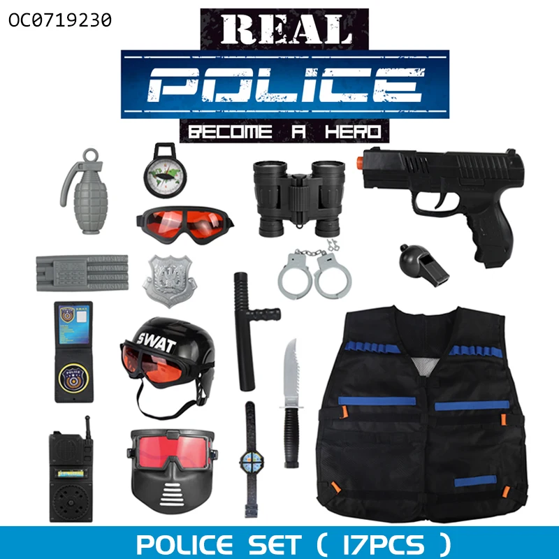 17PCS Pretend Play Simulation Plastic Kid Boy Police Set Helmet Uniform Toy