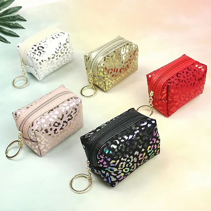 2022 Cheap Mini Lipstick Headphone Storage Bag Hot Stamping Leopard Printed Coin Purse Wallet With Keychain