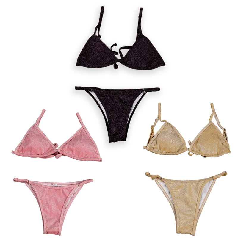 Factory Custom Private Label Solid Color Micro String Triangle Bikini Set Swimwear Women Sexy Beachwear Velvet Swimsuit