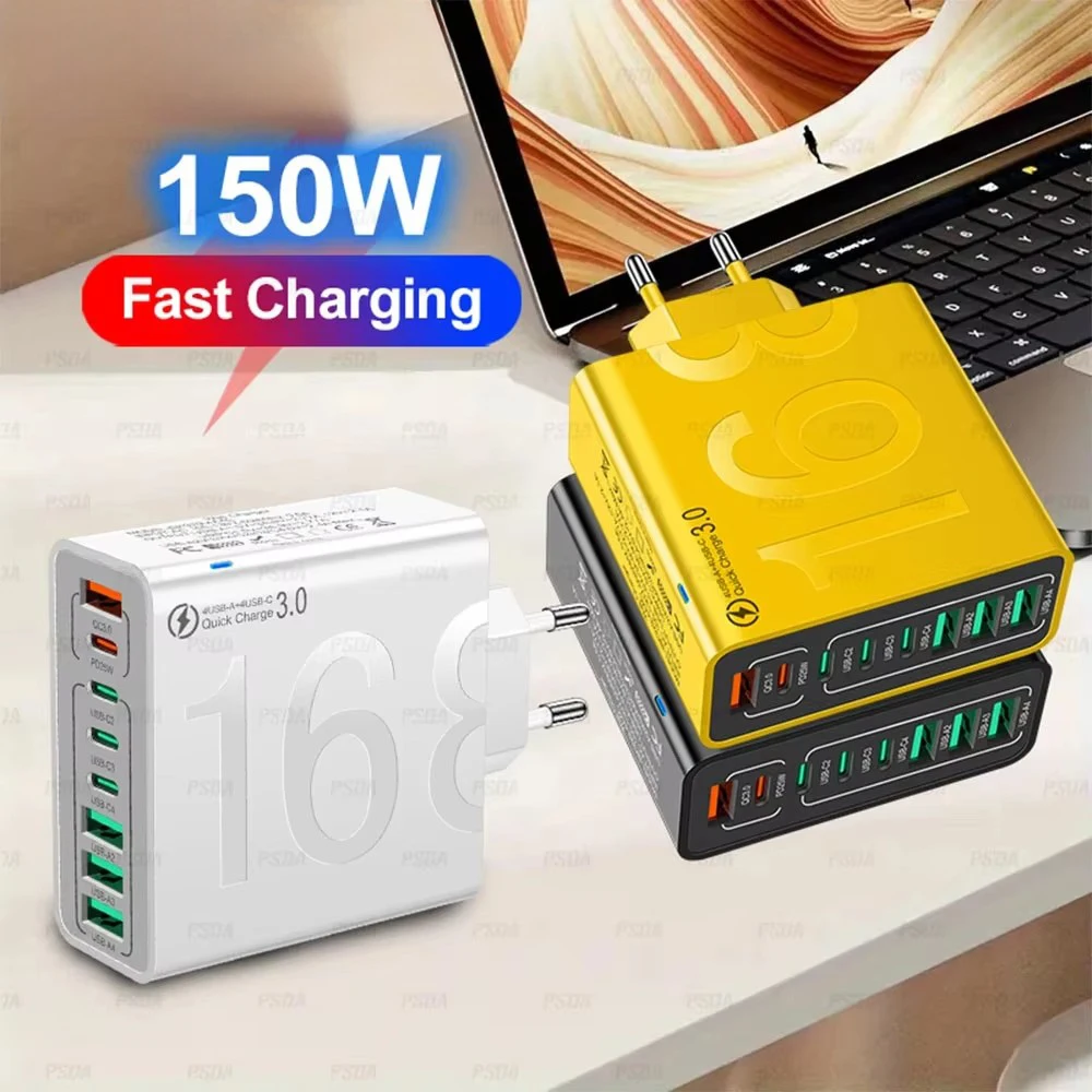 US PLUG 150W USB Muti 8 Ports 4A+4C Fast Charging PD Wall Mobile Phone Adapter for iPhone16 15 14 Pro Xiaomi Samsung Oneplus