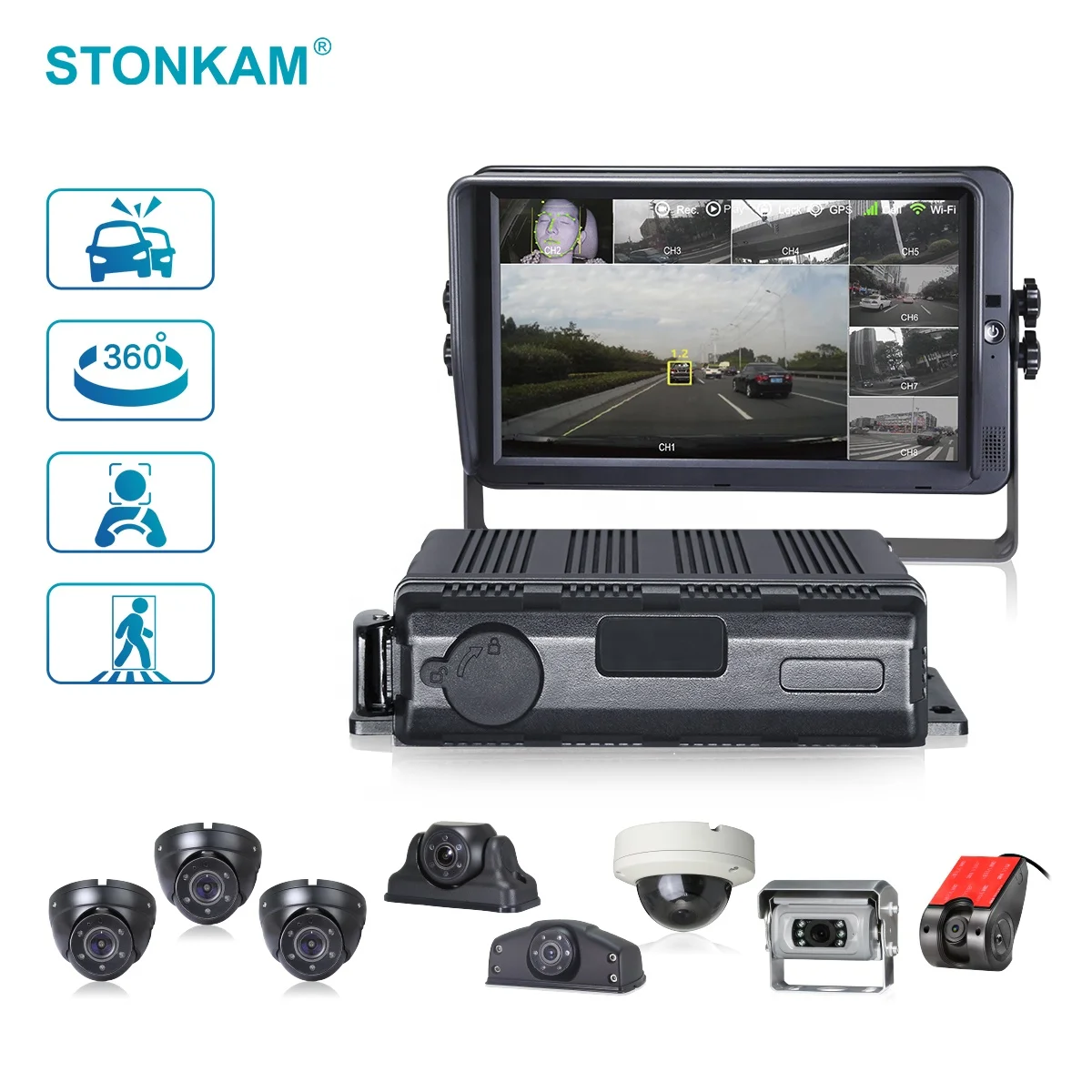 STONKAM Waterproof MDVR with 8CH ADAS+DMS+BSD/360 Algorithm IP69K Waterproof 1080P Video Output for Fleet Management