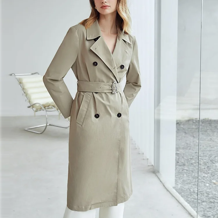New Spring Autumn Double Breasted Belt British Over-the-knee Solid Women Overcoat Ladies Long Trench Coat