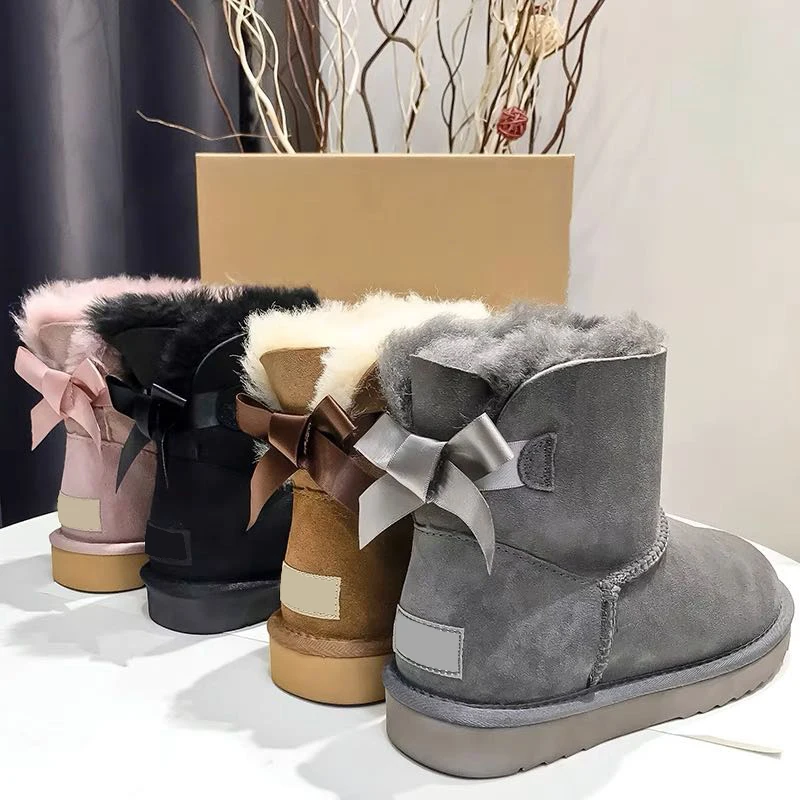 Fashion Winter Warm Ladies Silk Ribbon Genuine Sheepskin Leather Furry Fur Snow Boots with Bow For Women