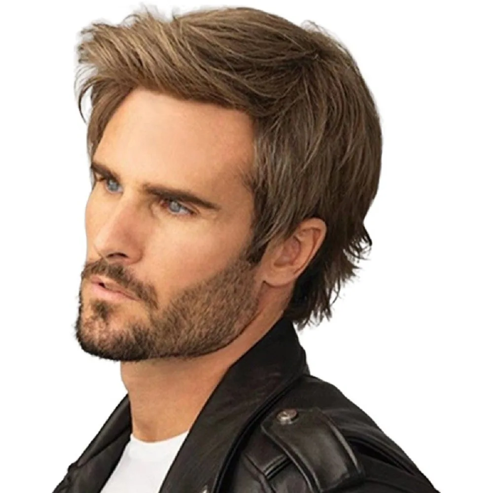 
High Quality Short Curl Good Air Permeability Men Toupee synthetic hair wigs Men 