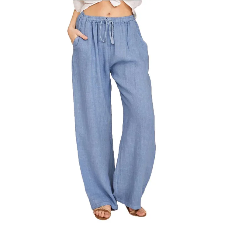 Women Wide Leg Pants Summer Casual Solid Color Cotton Linen High Waist Long Straight Pants Female Loose Ankle-Length Trousers