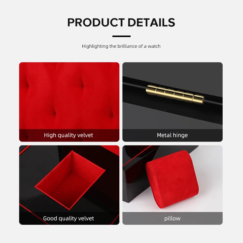 SUNDO Black piano finish wood watch box watches storage case Red velvet inner gloss wooden single watch box for gift