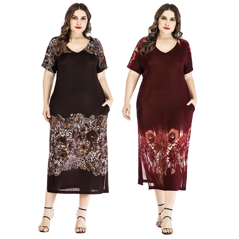 Hot selling heavyweight 6XL summer dress maxi dress dark red dress women plus size